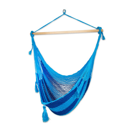 Sea Dream Hand Crafted Blue Striped Nylon Rope Hammock Swing