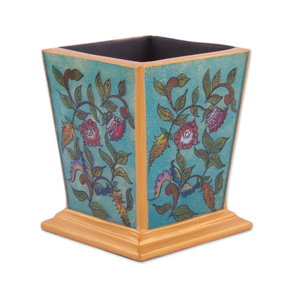 Flowering Companion Handcrafted Reverse-Painted Glass Pencil Holder from Peru