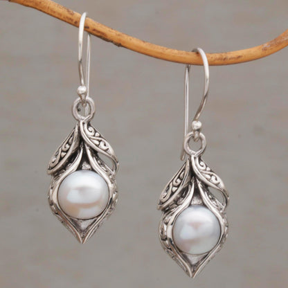 Moonlit Petals Cultured Freshwater Pearl Dangle Earrings from Bali