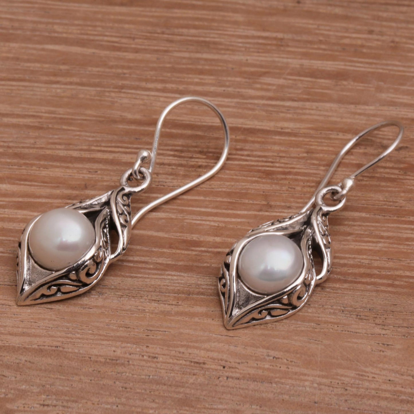 Moonlit Petals Cultured Freshwater Pearl Dangle Earrings from Bali