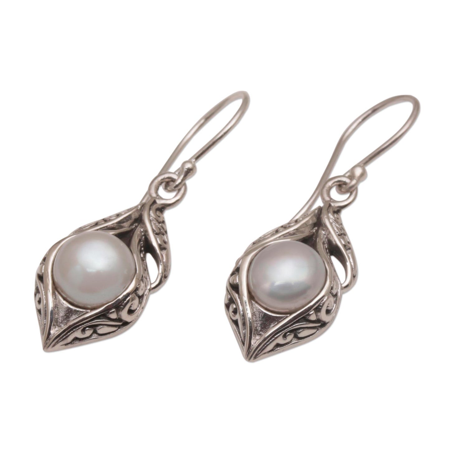 Moonlit Petals Cultured Freshwater Pearl Dangle Earrings from Bali