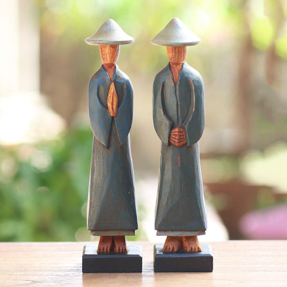 Agrarian Duo Hand Carved Dark Green Robed Wood Farmer Statuettes (Pair)