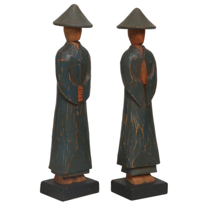 Agrarian Duo Hand Carved Dark Green Robed Wood Farmer Statuettes (Pair)