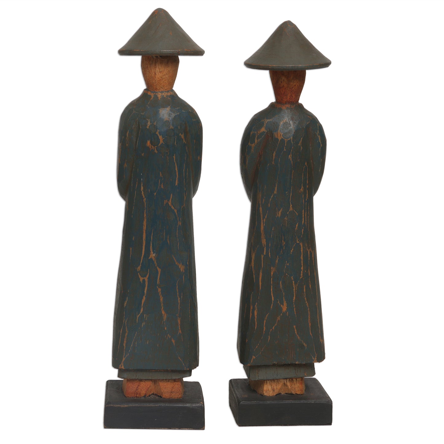 Agrarian Duo Hand Carved Dark Green Robed Wood Farmer Statuettes (Pair)