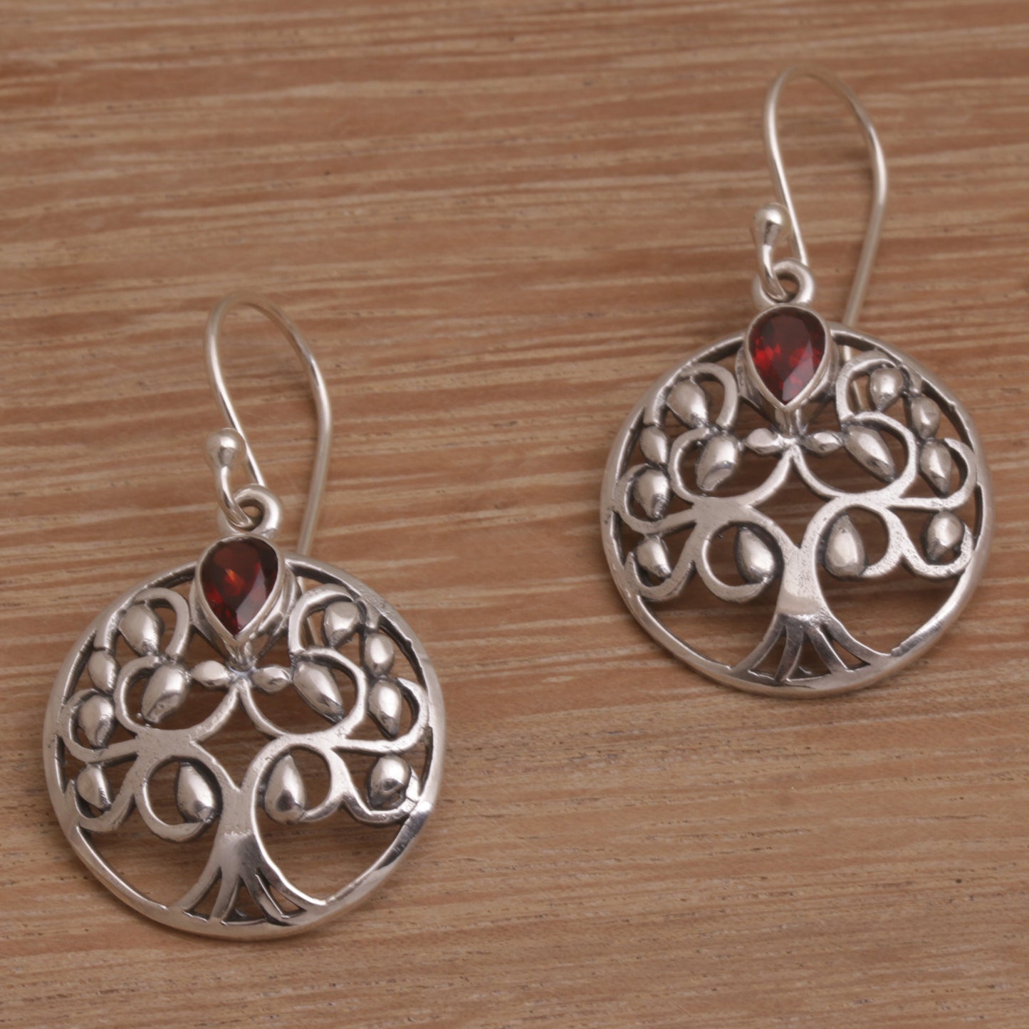 Banyan Beauty Balinese Garnet and Sterling Silver Tree Dangle Earrings