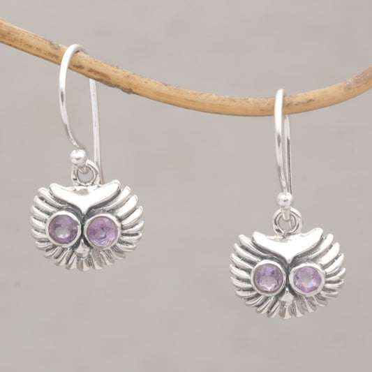 Opulent Owl Amethyst and Sterling Silver Owl Dangle Earrings from Bali