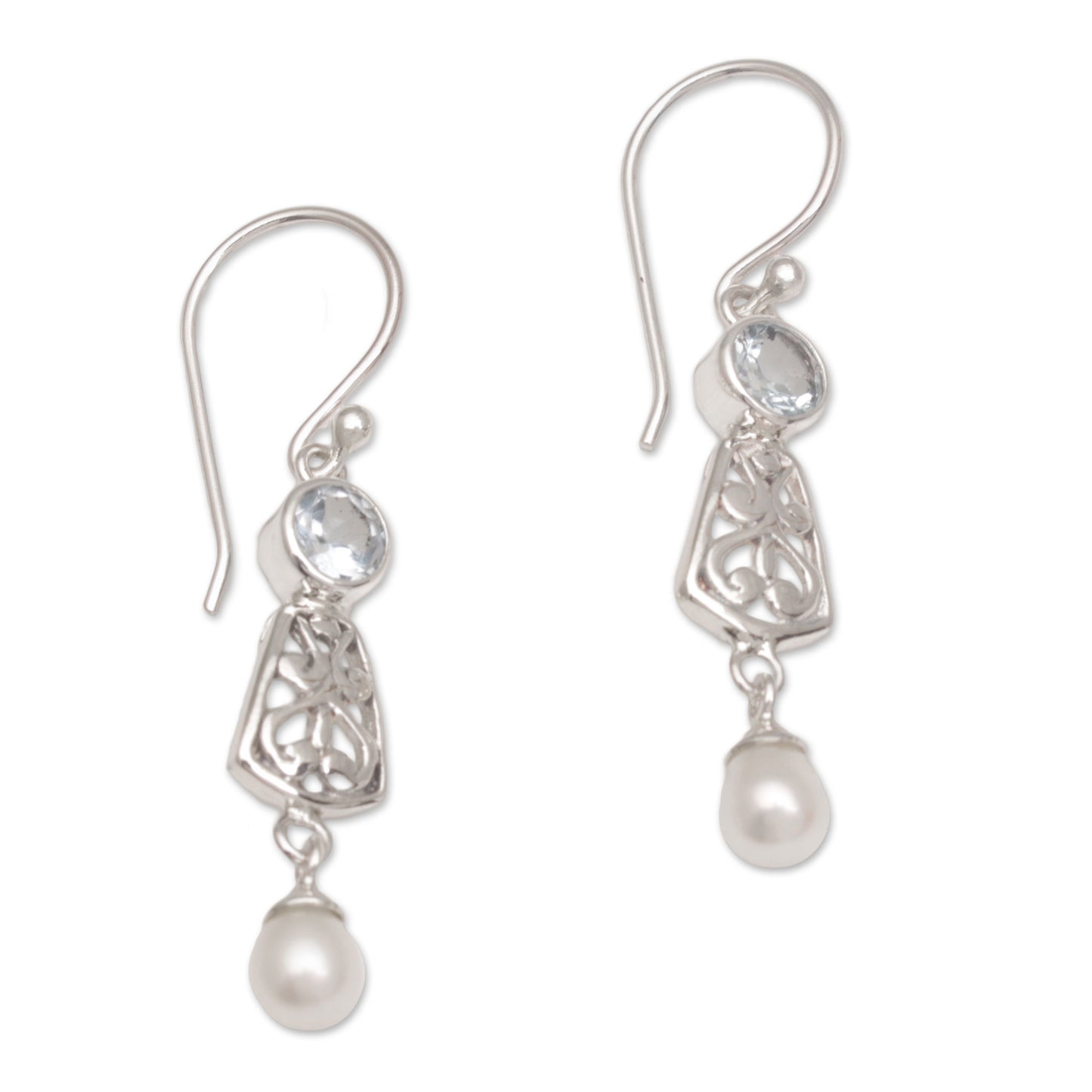 Gracious Offering Hook Earrings with Blue Topaz and Cultured Pearl