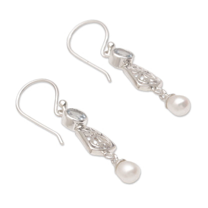 Gracious Offering Hook Earrings with Blue Topaz and Cultured Pearl