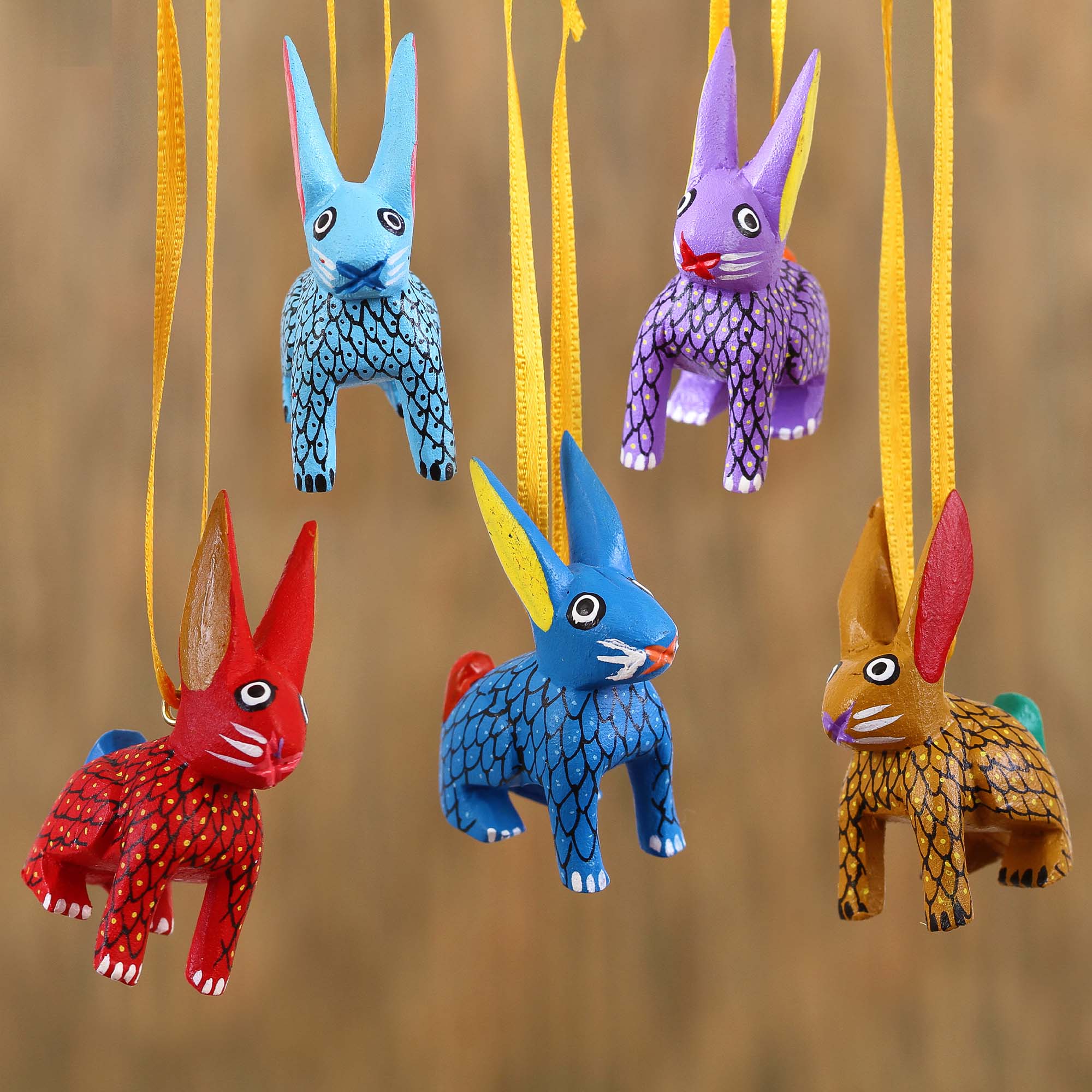 NOVICA Sweet Rabbits Wood Alebrije Rabbit Ornaments (Set of 5) from ...