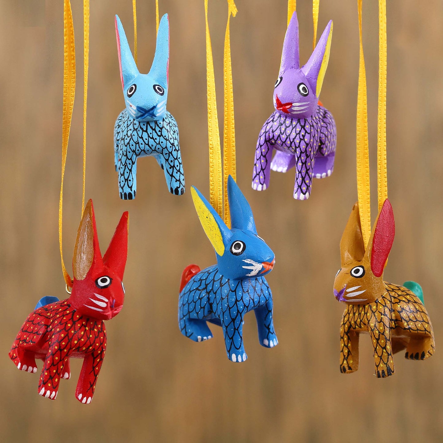 Sweet Rabbits Wood Alebrije Rabbit Ornaments (Set of 5) from Mexico