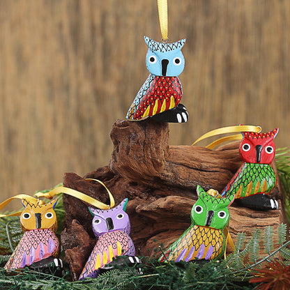 Sweet Owls Painted Wood Alebrije Owl Ornaments (Set of 5) from Mexico