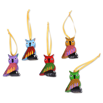 Sweet Owls Painted Wood Alebrije Owl Ornaments (Set of 5) from Mexico