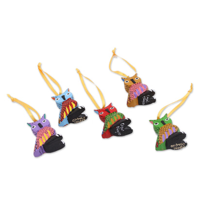 Sweet Owls Painted Wood Alebrije Owl Ornaments (Set of 5) from Mexico