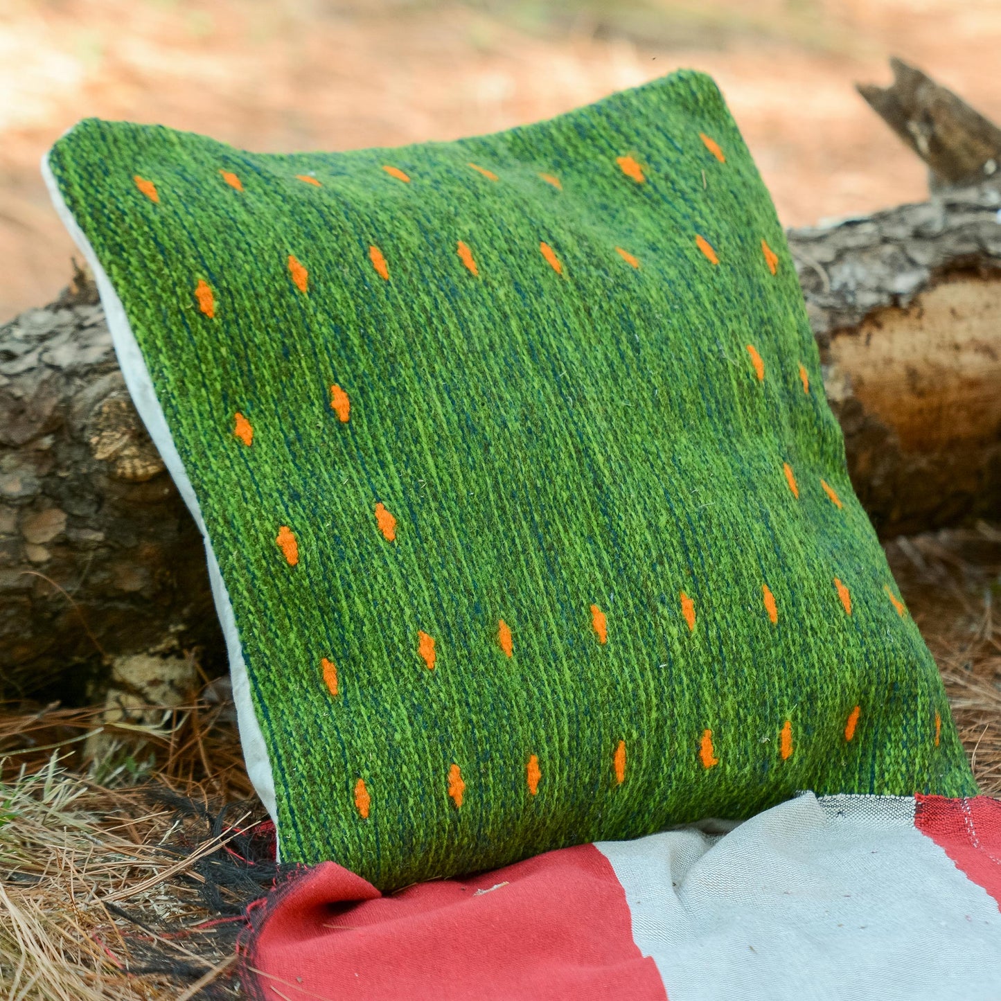 Green Hand Woven Wool Throw Pillow Cover, 'Dotted Passion In Green'