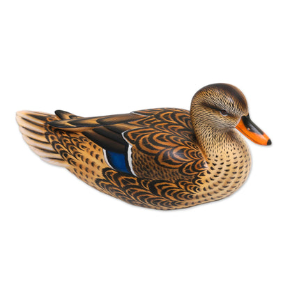 Elegant Mallard Hand Painted Wood Female Mallard Duck Statuette from Bali