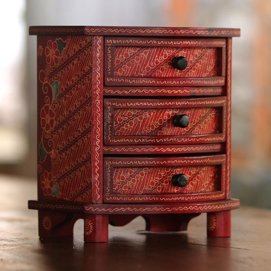 Scarlet Scrolls Red Parang Motif Handcrafted Wood Batik Jewelry Box