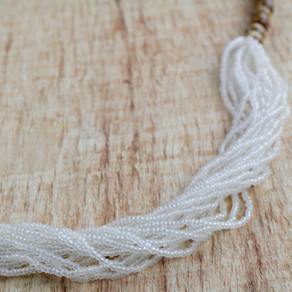 Cool White Beauty Recycled Glass Beaded Necklace in Cool White from Ghana