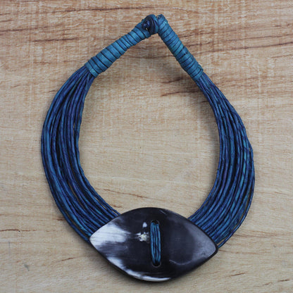 Masongo Ghanaian Blue Leather and Bone Statement Cord Necklace