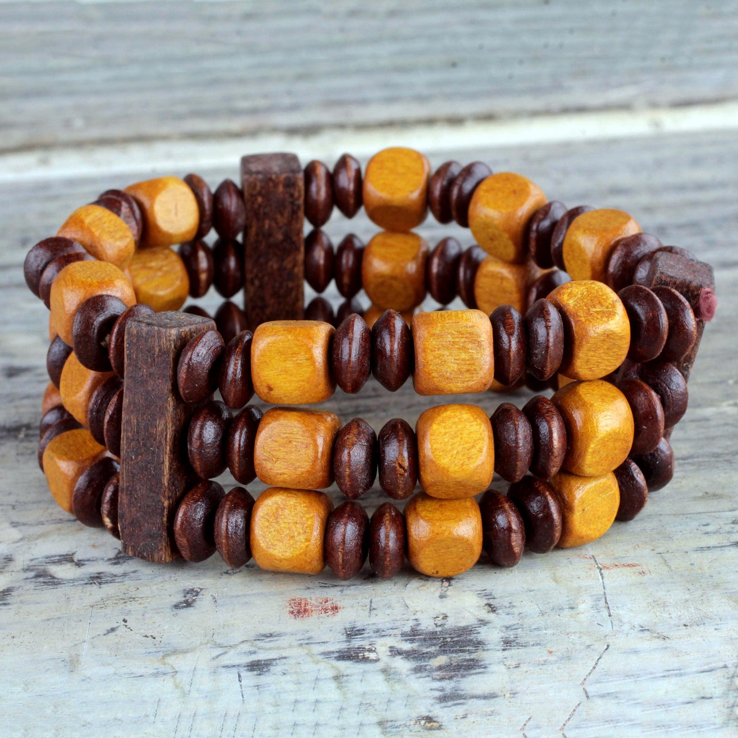 Forest Beauty Beaded Natural Sese Wood Multi-Layered Stretch Bracelet