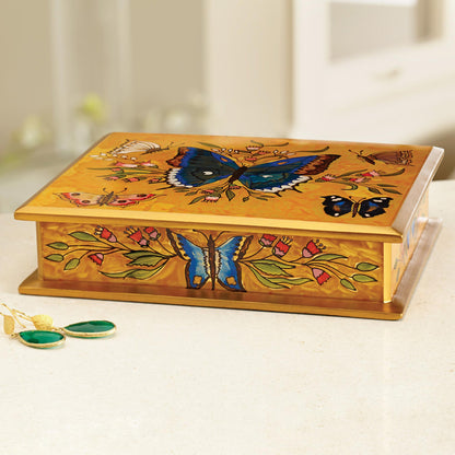 Butterfly Court Reverse Painted Glass on Wood Jewelry Box with Butterflies