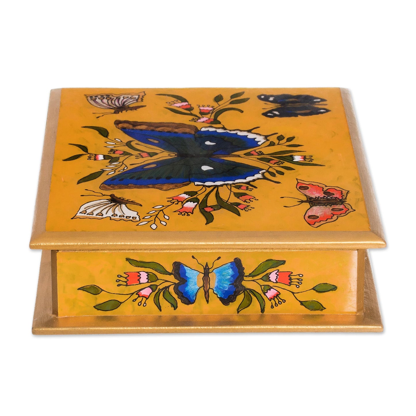 Butterfly Court Reverse Painted Glass on Wood Jewelry Box with Butterflies