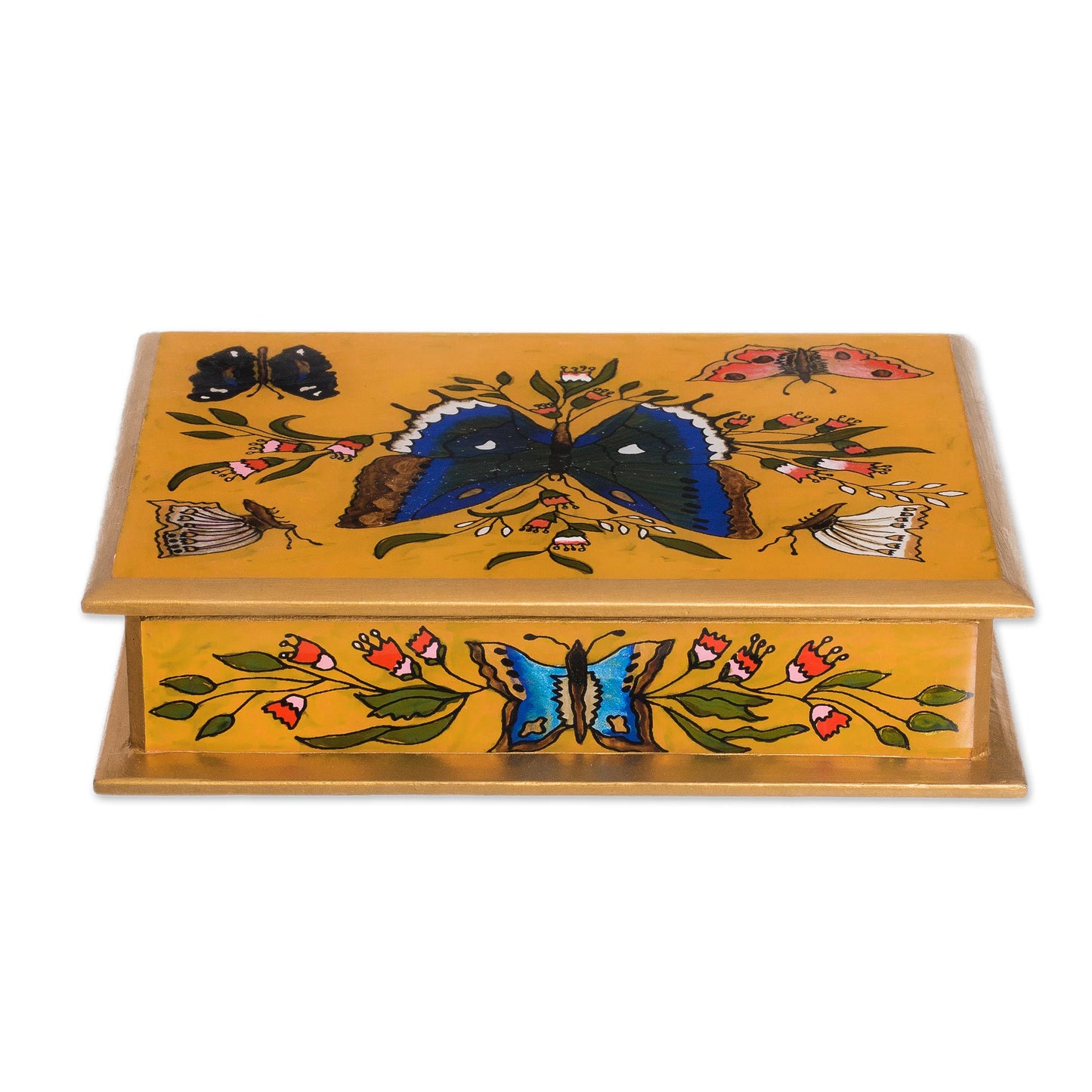 Butterfly Court Reverse Painted Glass on Wood Jewelry Box with Butterflies