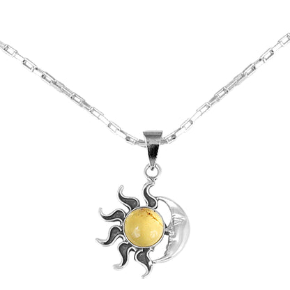 Honey Eclipse Sun and Moon Amber Pendant Necklace from Mexico