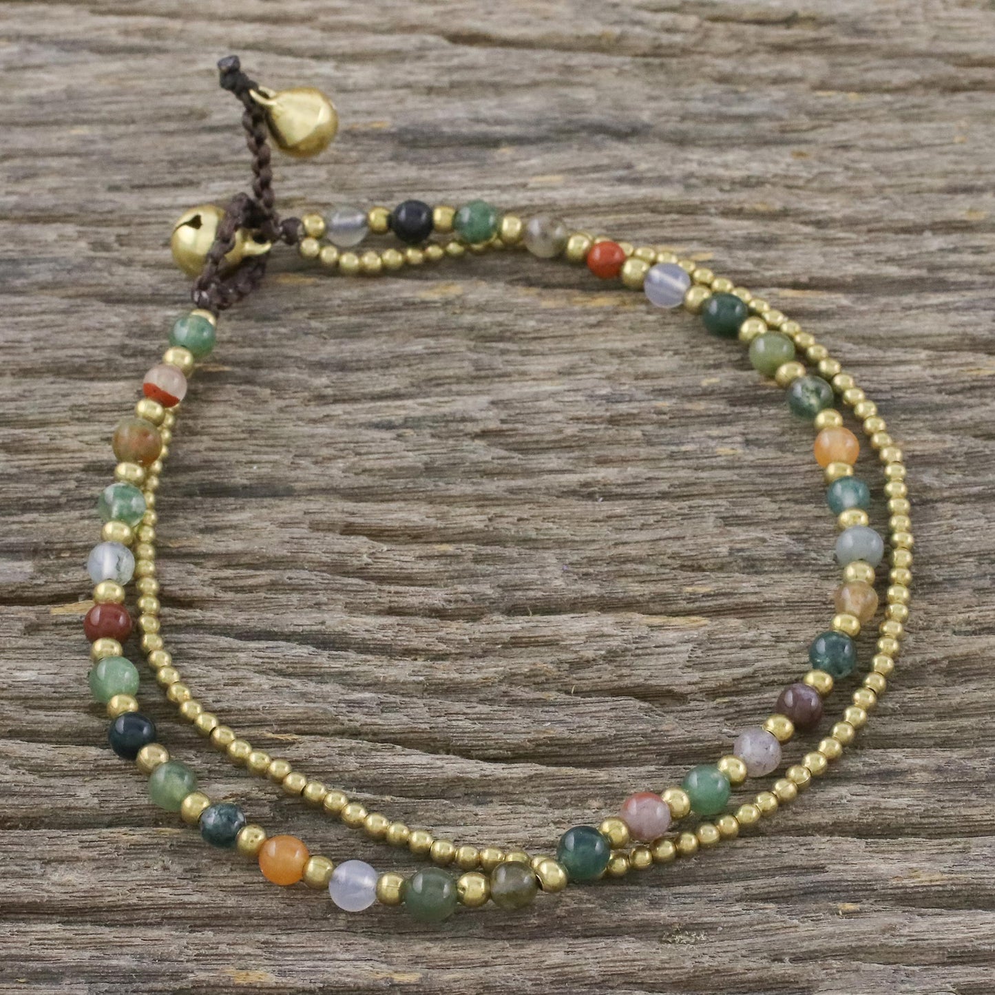 Valley of Color Handmade Multi-Color Agate Brass Beaded Anklet with Loop