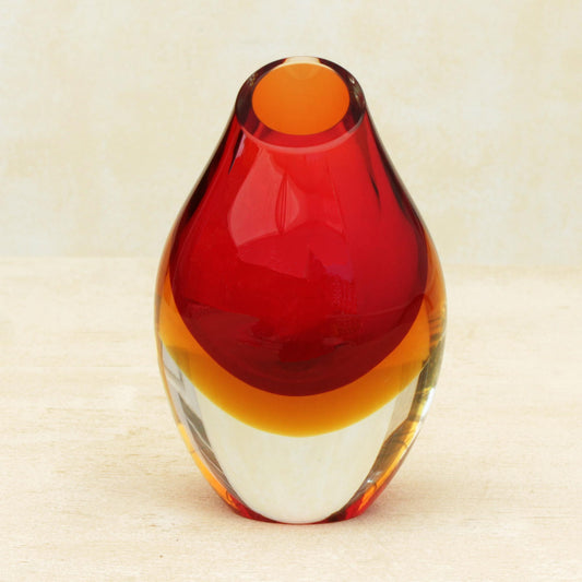 Fiery Droplet Red-Orange Murano-Inspired Art Glass Decorative Vase