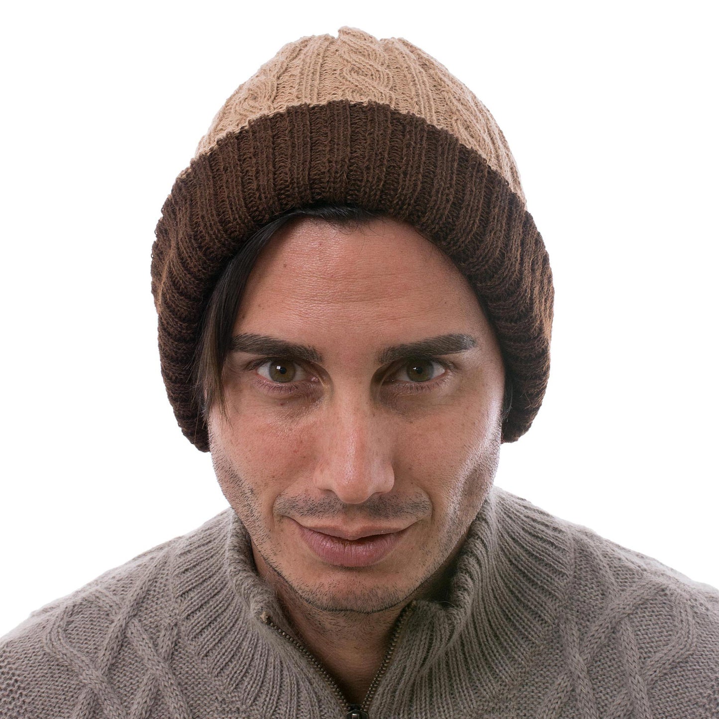 Warm and Comfy Peruvian Artisan Made 100% Alpaca Brown Reversible Cable Hat