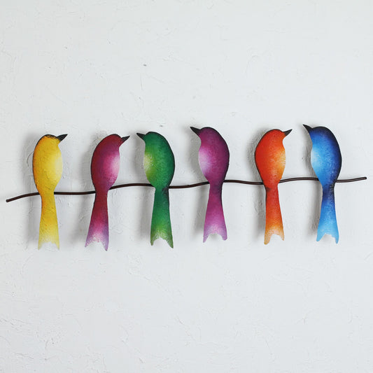 Singing Sextet Steel Wall Sculpture of Six Colorful Birds from Mexico