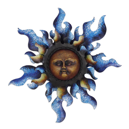 Radiant Star in Blue Sun Steel Wall Sculpture in Blue from Mexico