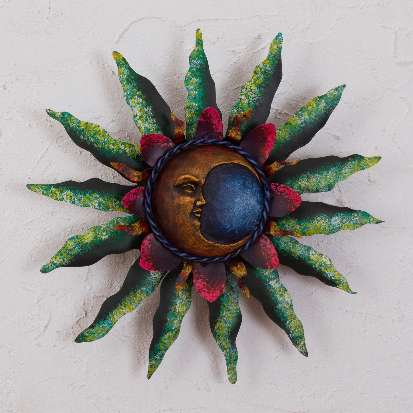 Gleaming Eclipse Crescent Moon Steel Wall Sculpture in Green from Mexico