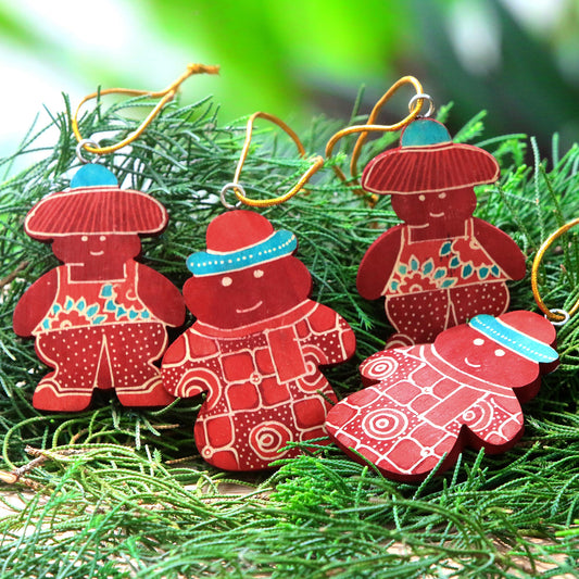 Red Snowmen Four Batik Wadang Wood Snowman Ornaments from Java