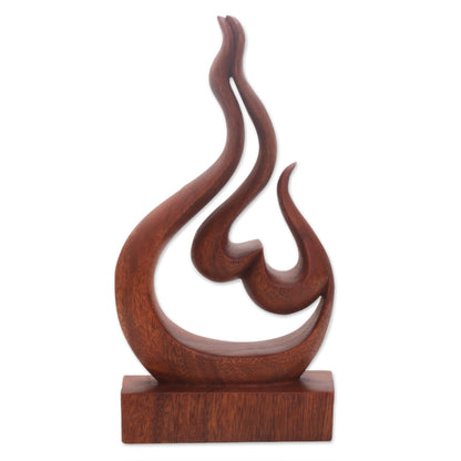 Lover's Passion Hand Carved Suar Wood Heart and Flame Abstract Sculpture