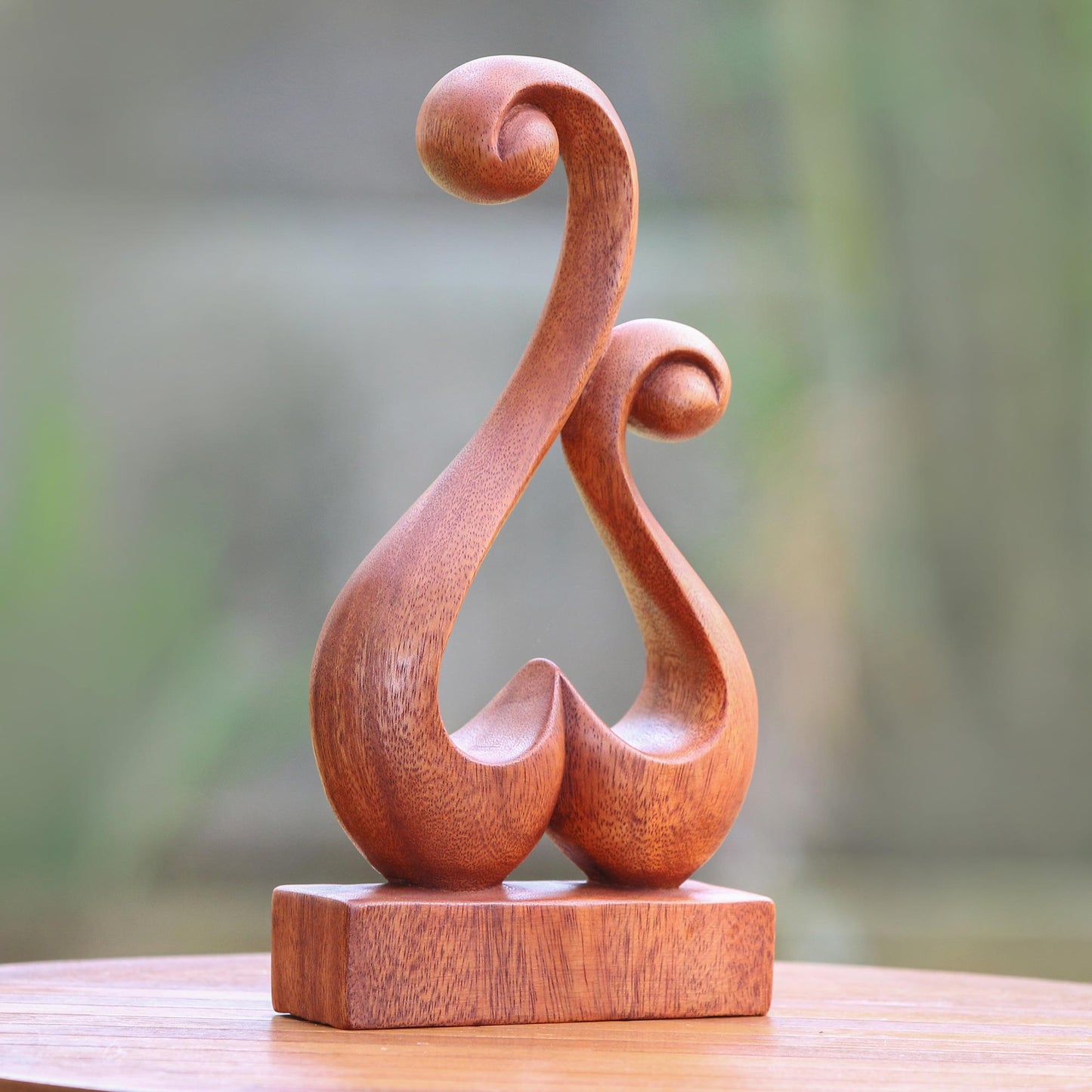 Lover's Bloom Hand Carved Suar Wood Abstract Heart Sculpture