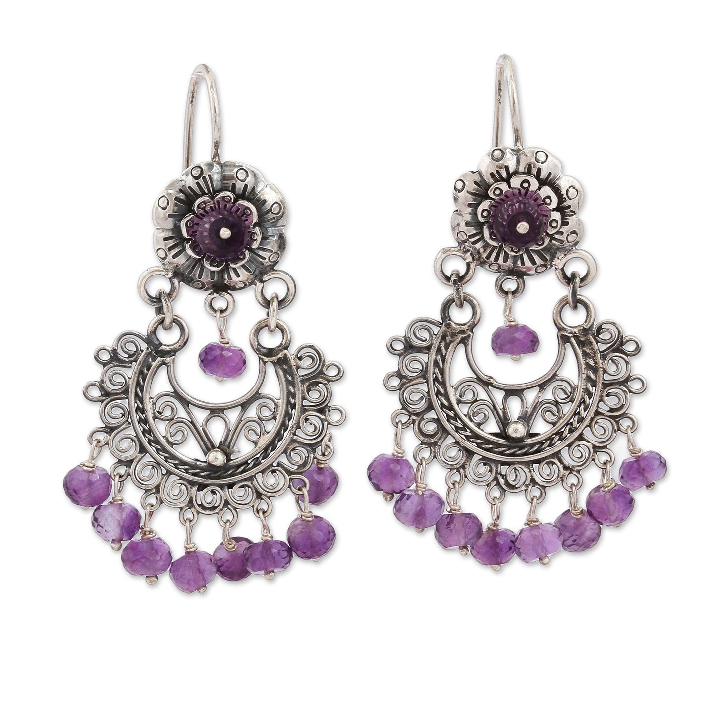 Blooming Elegance Amethyst Silver Chandelier Earrings