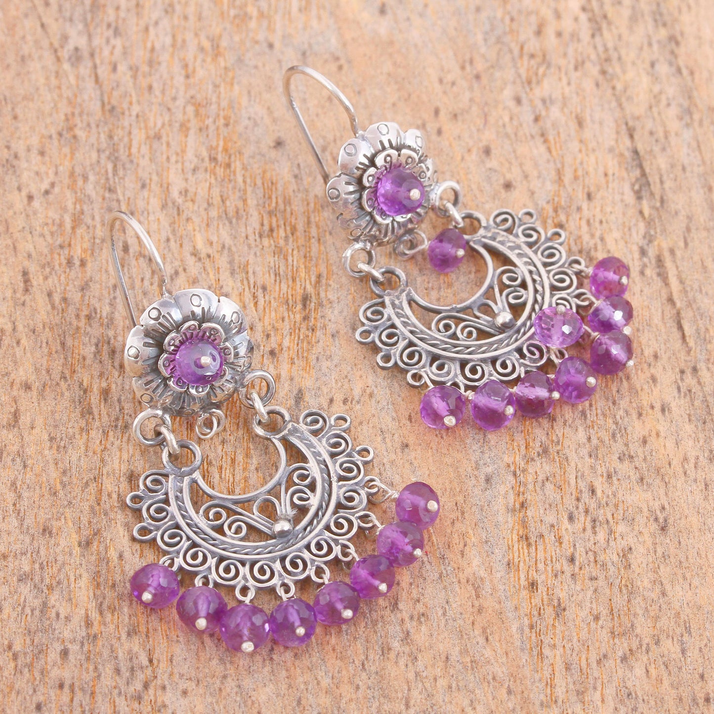 Blooming Elegance Amethyst Silver Chandelier Earrings