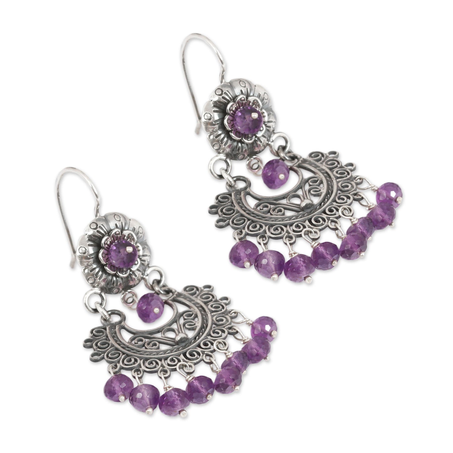 Blooming Elegance Amethyst Silver Chandelier Earrings