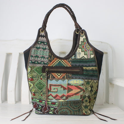 Gorgeous Geometry in Green Handmade Patchwork Geometric Cotton Blend Shoulder Bag