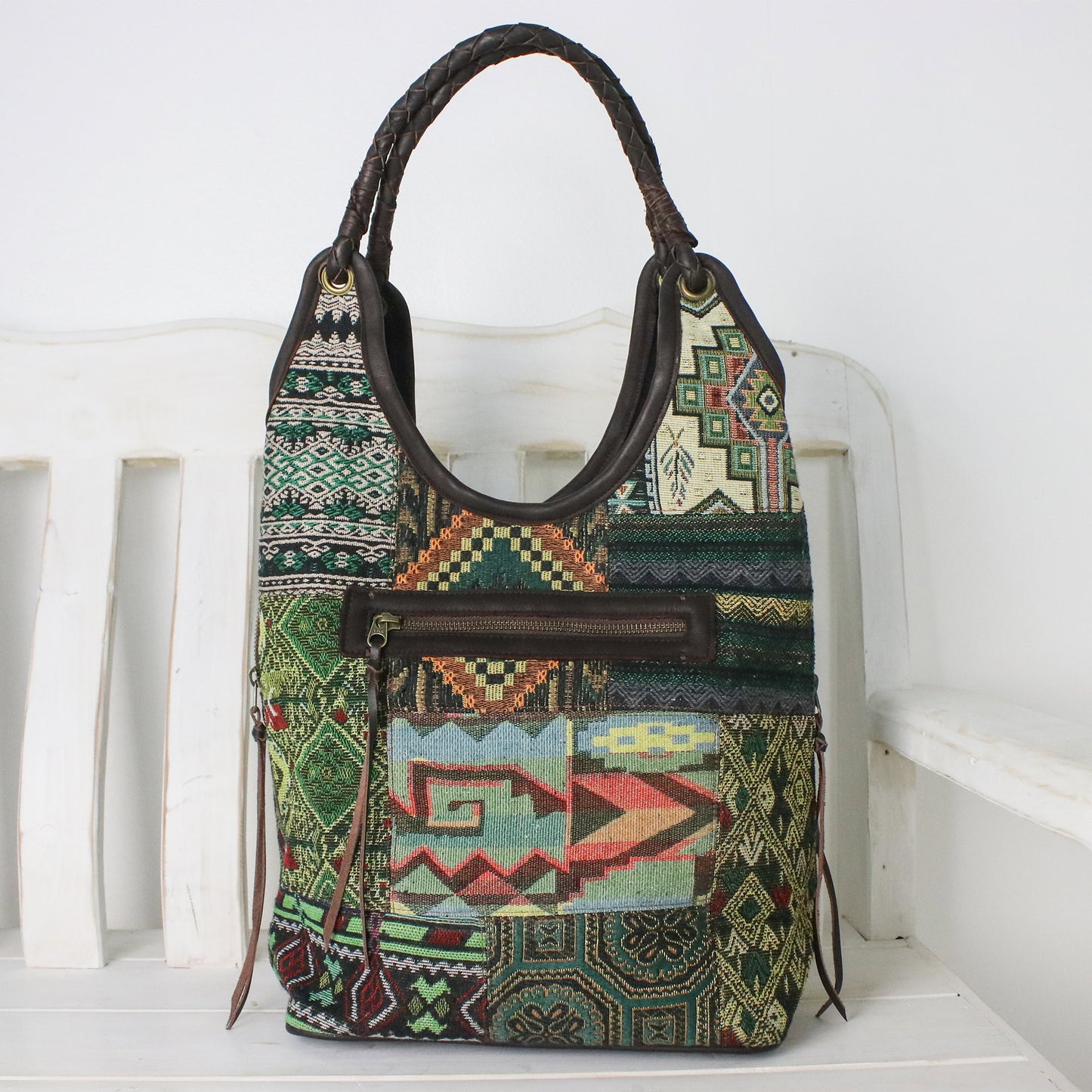 Gorgeous Geometry in Green Handmade Patchwork Geometric Cotton Blend Shoulder Bag