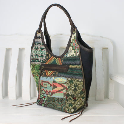 Gorgeous Geometry in Green Handmade Patchwork Geometric Cotton Blend Shoulder Bag