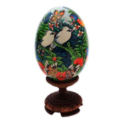 Fantastic Forest Hand Painted Albesia Wood Forest Animal Egg Sculpture