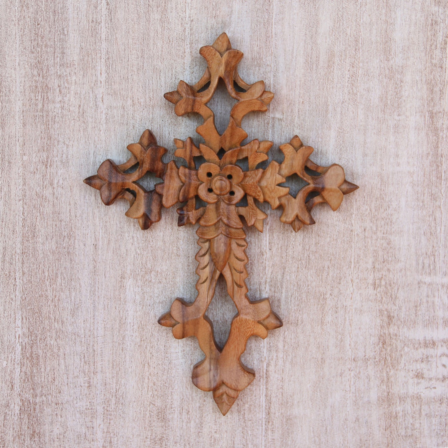 Faith Blooms Hand-Carved Floral Suar Wood Wall Cross from Bali