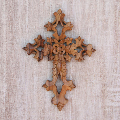 Faith Blooms Hand-Carved Floral Suar Wood Wall Cross from Bali