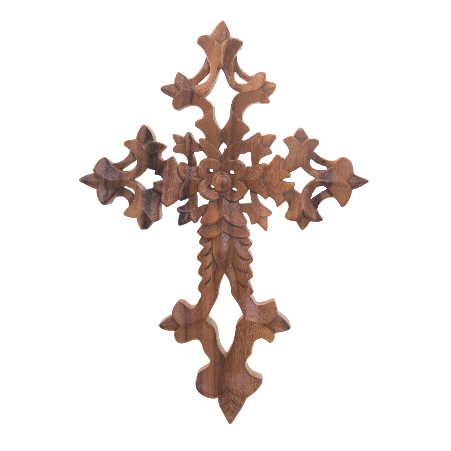 Faith Blooms Hand-Carved Floral Suar Wood Wall Cross from Bali