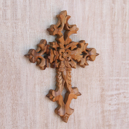 Faith Blooms Hand-Carved Floral Suar Wood Wall Cross from Bali