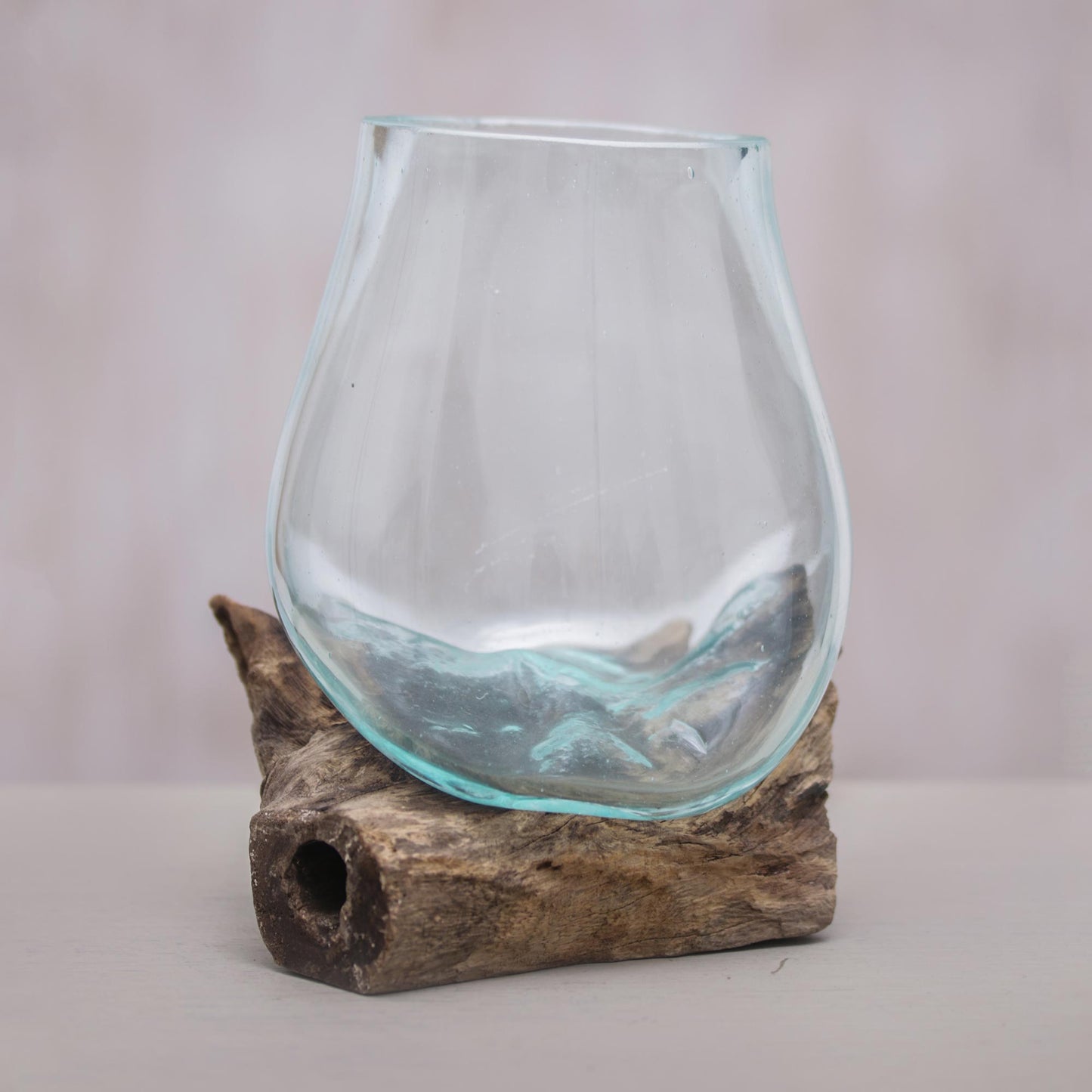 Clear Horizon Blown Glass and Albesia Wood Vase Made in Bali