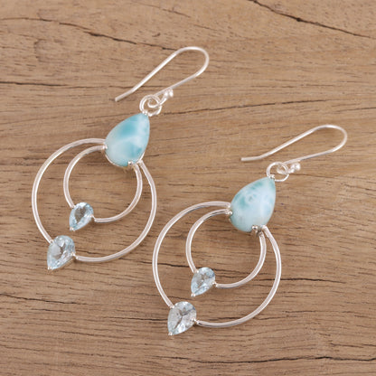 Sparkling Sky Blue Topaz and Larimar Dangle Earrings from India