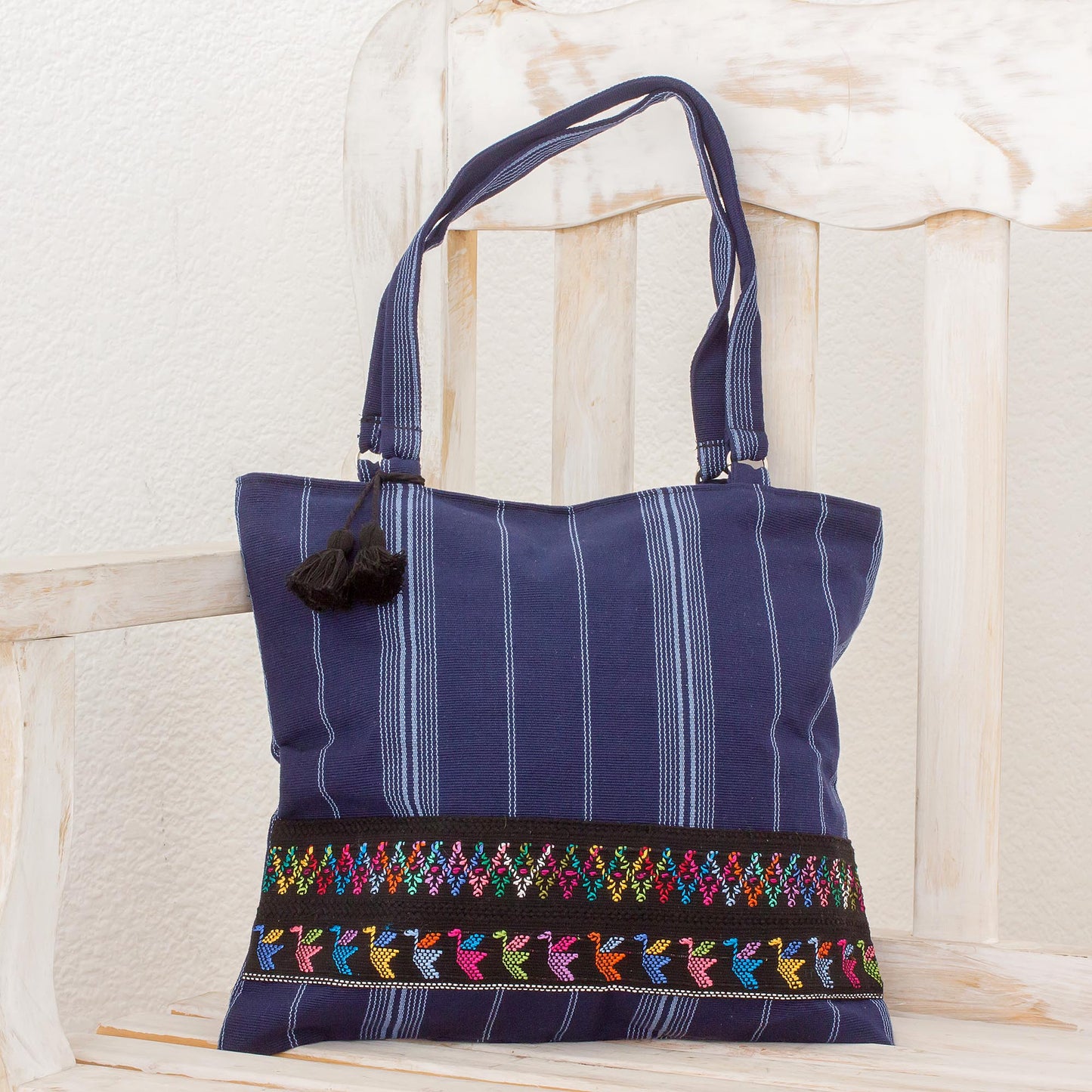 Tactic Stripes on Navy Handwoven Navy Blue Cotton Shoulder Bag from Guatemala